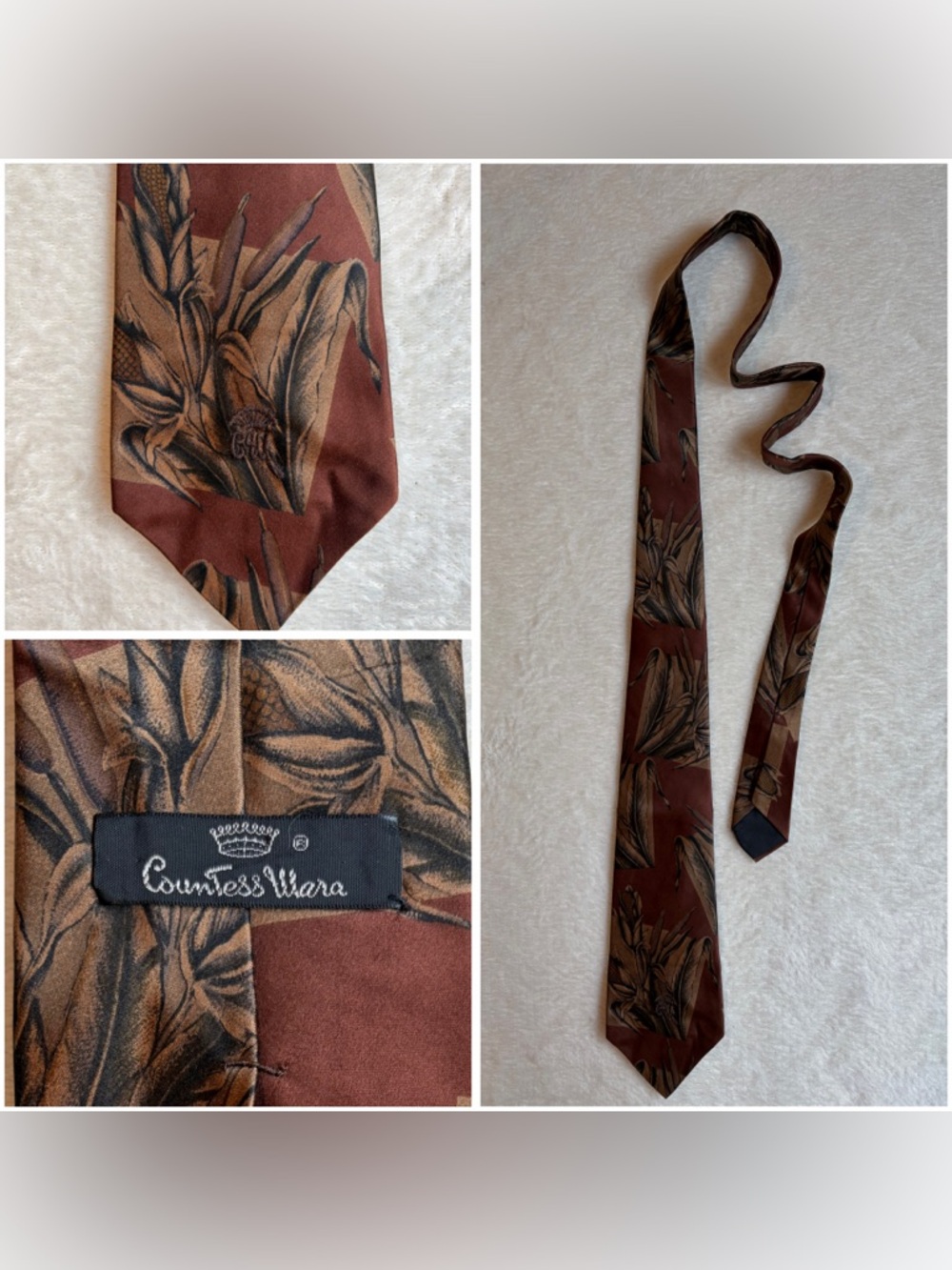 Vintage Countess Mara Men's Cornstalk Abstract Brown Tan Black Sistine Satin Tie